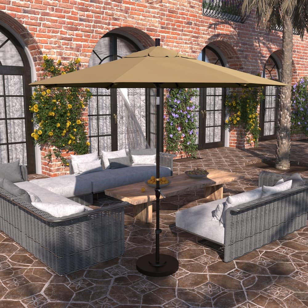 California Umbrella 9' Sunset Series Patio Umbrella Bronze Aluminum Frame and Ribs, Crank Lift Auto Tilt, Sunbrella Cilantro