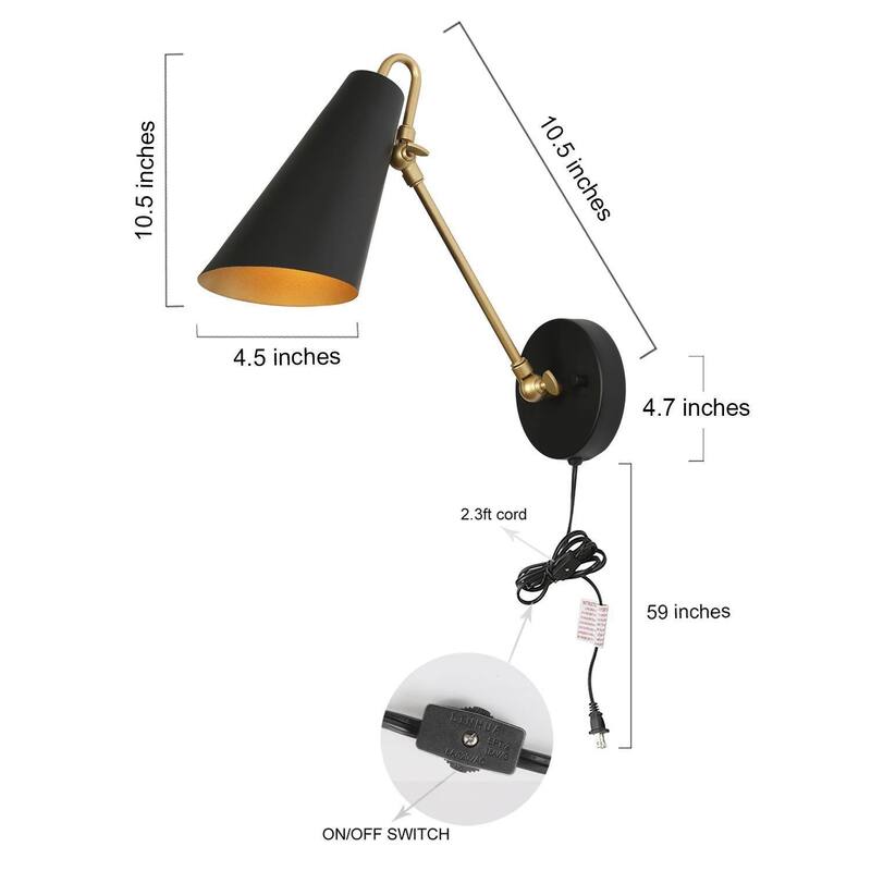 Modern Industrial Black Gold Plug-in Adjustable 1-Light Wall Sconces