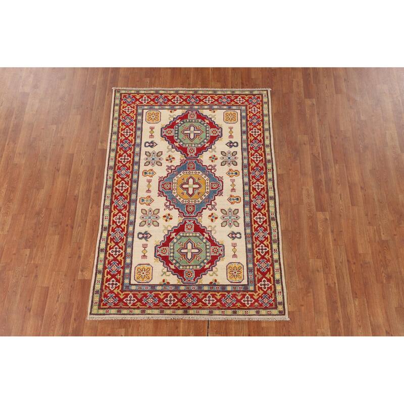 Kazak Area Rug Hand-Knotted Oriental Beige Wool Carpet - 4'0" x 6'0"