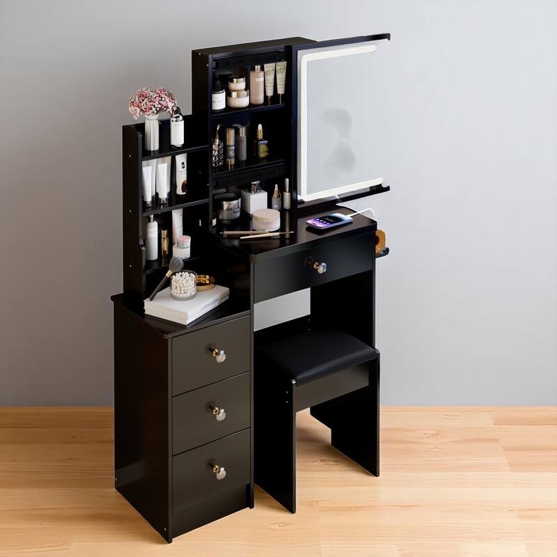 Compact Makeup Vanity with Power Outlets, Type-C Charging, Touch Mirror & Stool, 29.2" Dresser for Small Space