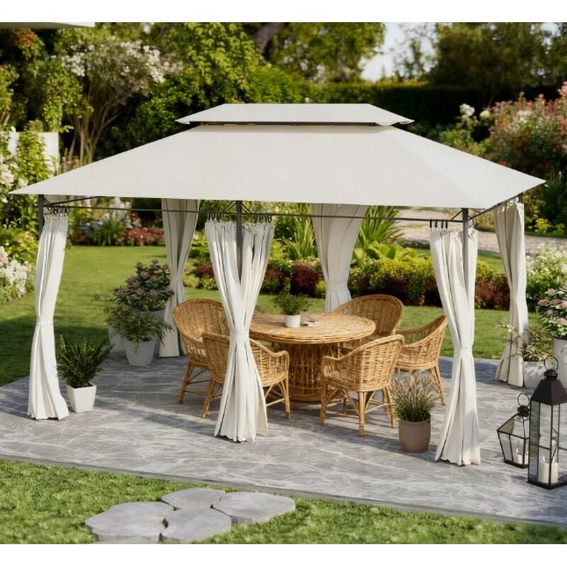 GDFStudio Outdoor Thalor Two-Tier Metal Gazebo with Curtains and Drainage