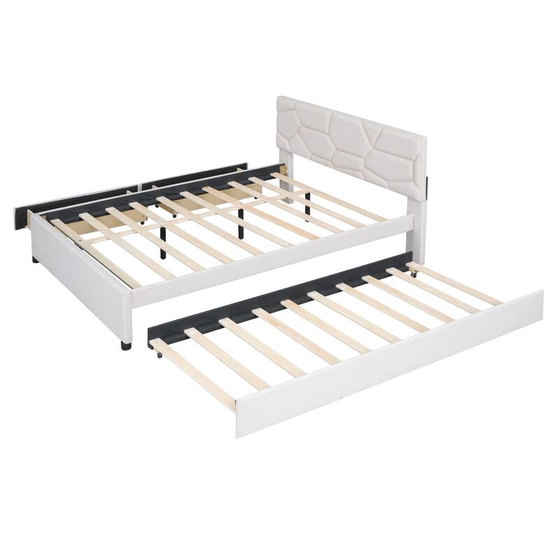 Linen Upholstered Platform Bed with Trundle and 2 Drawers, Storage Bed Frame with Brick Pattern Headboard Wooden Slats Supproted