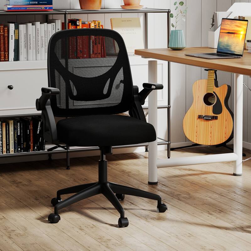 Breathable Mesh Adjustable Desk Chair with Lumbar Support and Sponge Cushion Flip-up Armrests - 25" x 25" x 36"-39" - Black