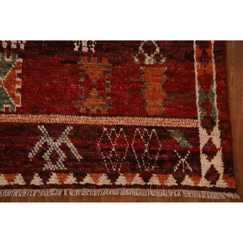 Red Tribal Geometric Moroccan Area Rug Hand-knotted Wool Carpet - 6'8" x 9'6"