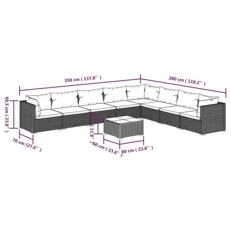 vidaXL Patio Lounge Set Outdoor Sectional Sofa Set Table Garden Poly Rattan - 27.6" x 27.6" x 23.8"