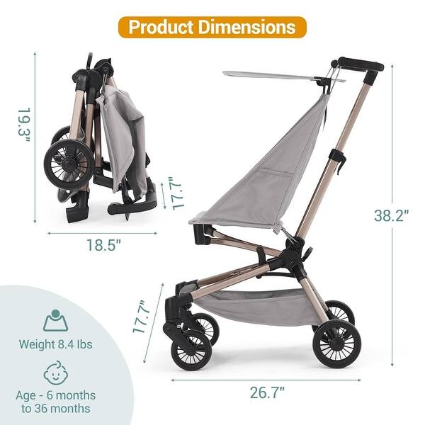 dimension image slide 1 of 3, Lightweight Baby Stroller, Travel Compact Foldable Toddler Stroller