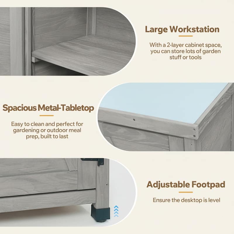 Potting Bench with Storage Cabinet and Metal Table Top for Outdoor Patio,Outdoor Work Station Table