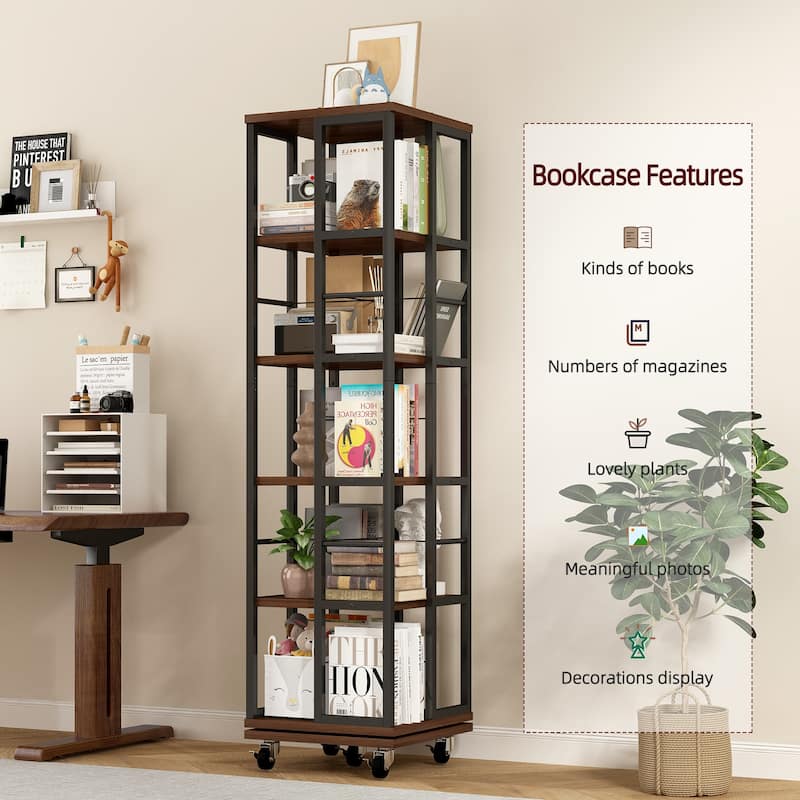 Anmytek 360 Rotating Corner Bookshelf with Wheels Space Saving Storage for Small Rooms