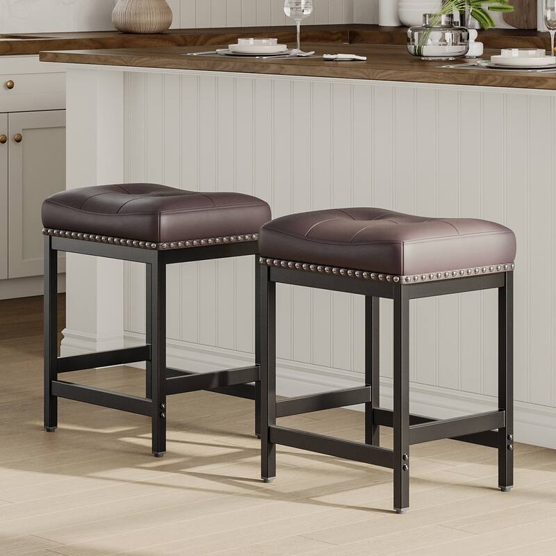 24.4" Backless Bar Stools Set of 2 - PU Leather Counter Height - Kitchen Island & Bar
