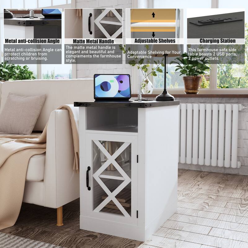 Farmhouse End Table with Charging Station, Rustic Nightstand with Barn Door & Adjustable Shelf, with 3-Tier Storage