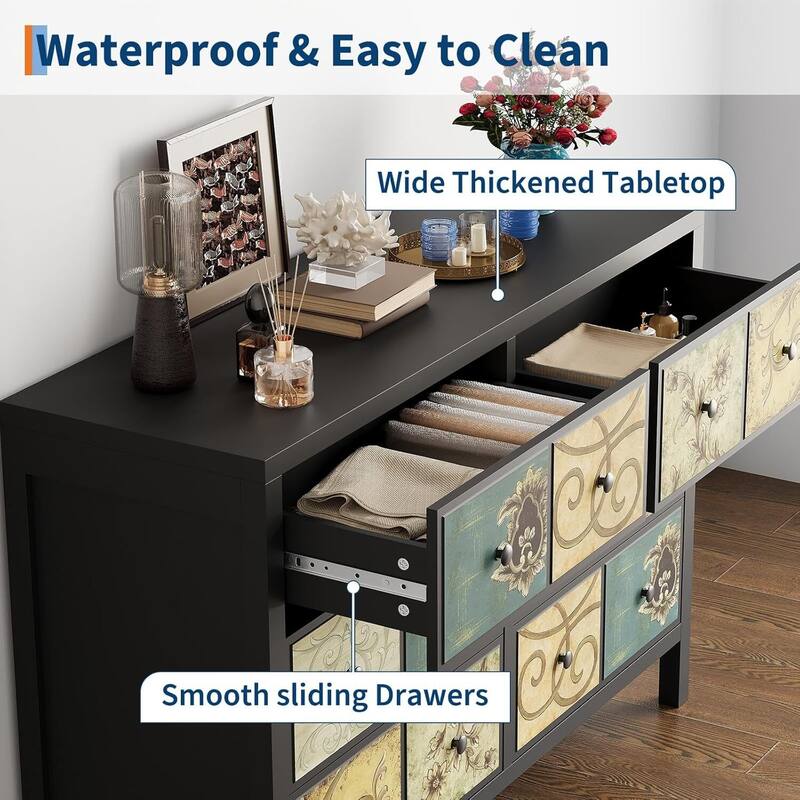 Retro Pattern 6 Drawers Dresser for Bedroom, Living Room, Hallway