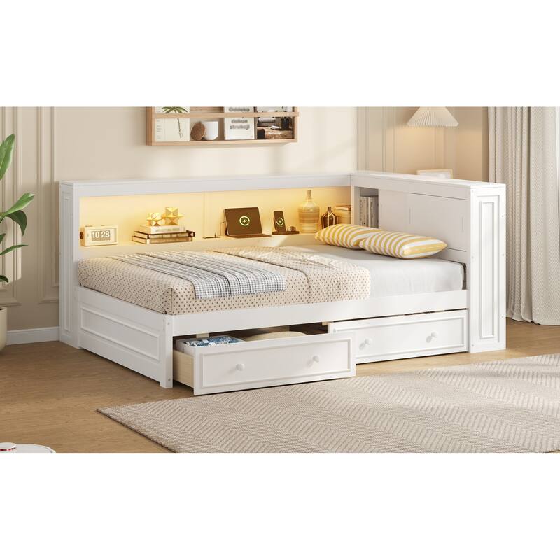 Full Size Wood Daybed with Storage Shelves, USB, LED, and 2 Drawers