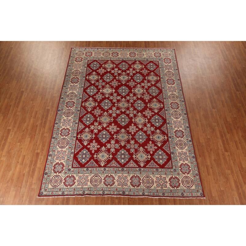 Red Geometric Kazak Area Rug Handmade Oriental Wool Carpet - 9'0"x 12'5"