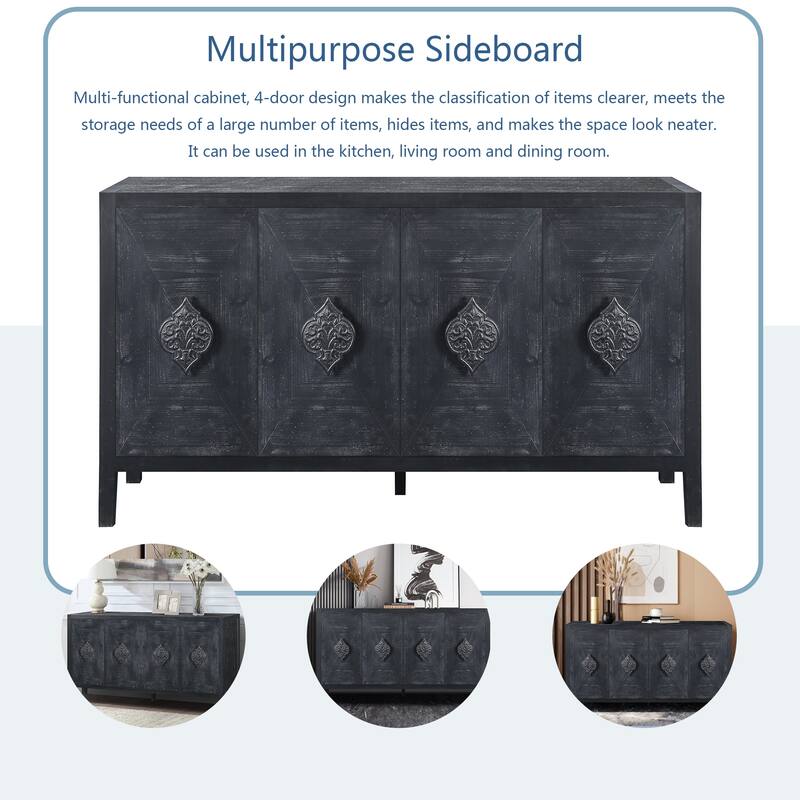 4 Door Antique Sideboard Buffet Cabinet with Carved Flower Handles, Adjustable Shelves, for Living Room, Kitchen, Hallway