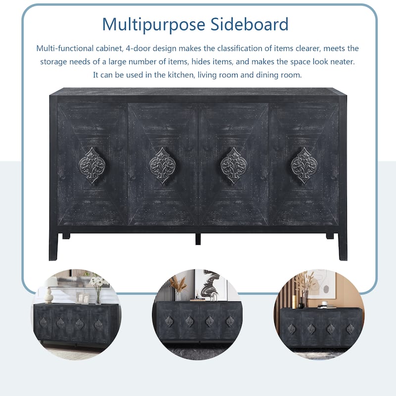 4-Door Wooden Sideboard Buffet, Storage Cabinet with Carved Flower Handles, Accent Cabinet with Adjustable Shelves