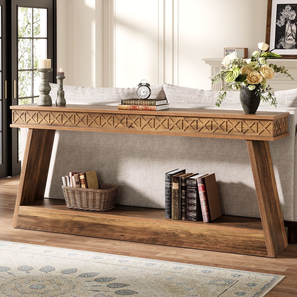 70.8-Inch Extra Long Console Table with Storage Shelf, 2-Tier Farmhouse Entryway Table - 70.87" L x 11.81" W x 31.5" H