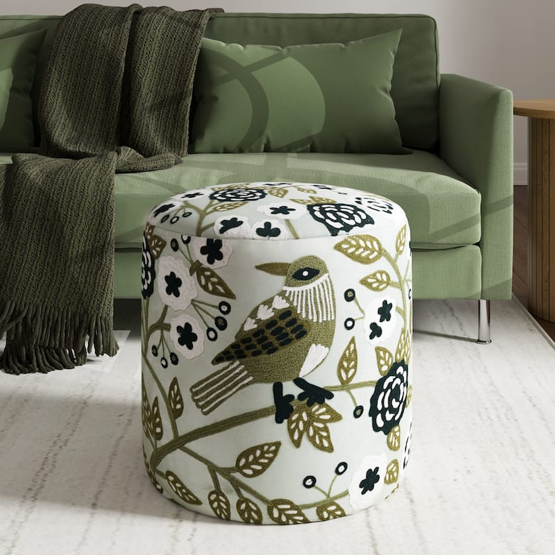 Nico Embroidered Velvet Round Ottoman, 17"D x 17"W x 18"H by Sevita - Green/Ivory