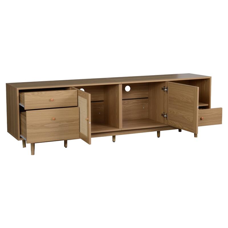 Boho TV Stand for TVs up to 85", Modern Entertainment Center with Rattan Doors, Drawers, Media Console Table for Living Room