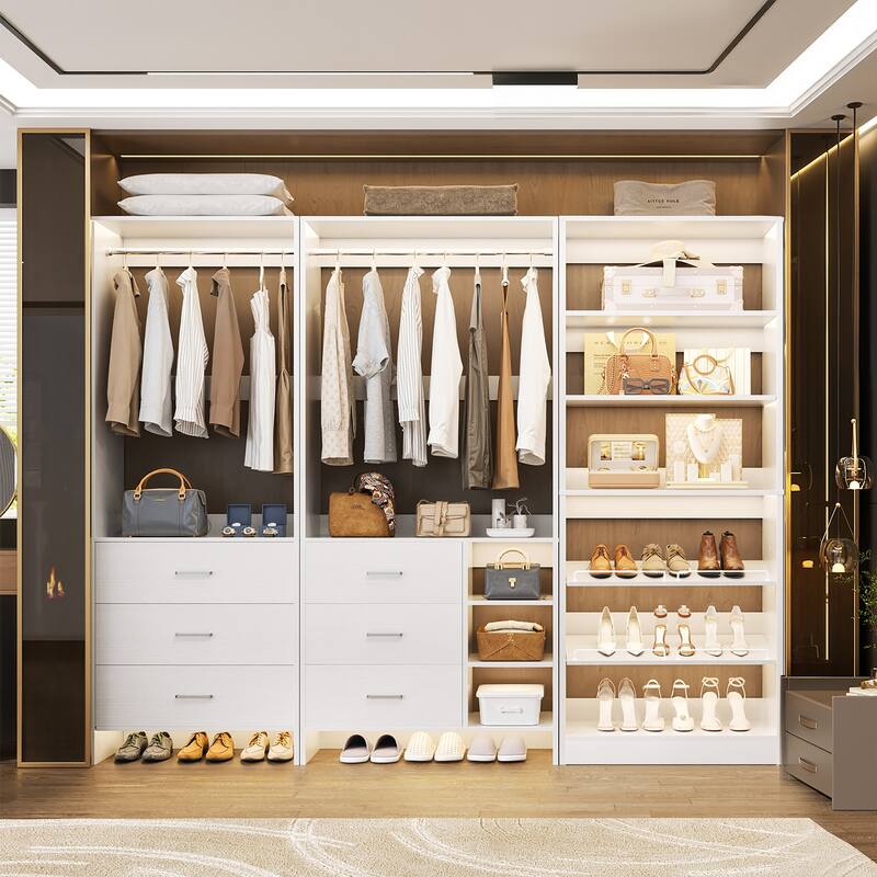 Set of 3 Closet System with Drawers and Shoe Rack, Freestanding Closet Organizer with Hanging Rods and Tower Shelves