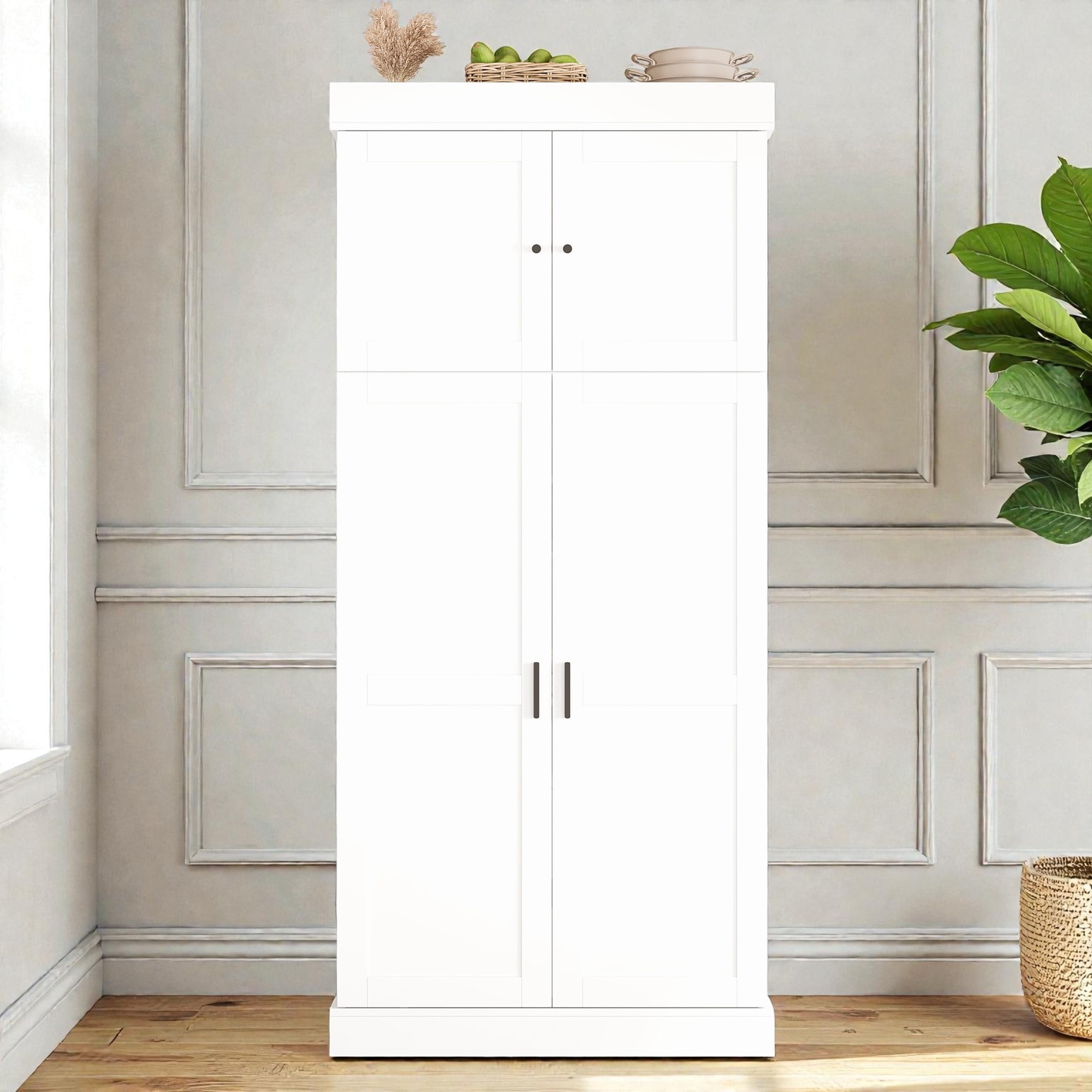77 Inch Tall Kitchen Pantry Cabinet, Shaker Style Storage with Adjustable Shelves, Drawers, Door Shelves and Wine Racks