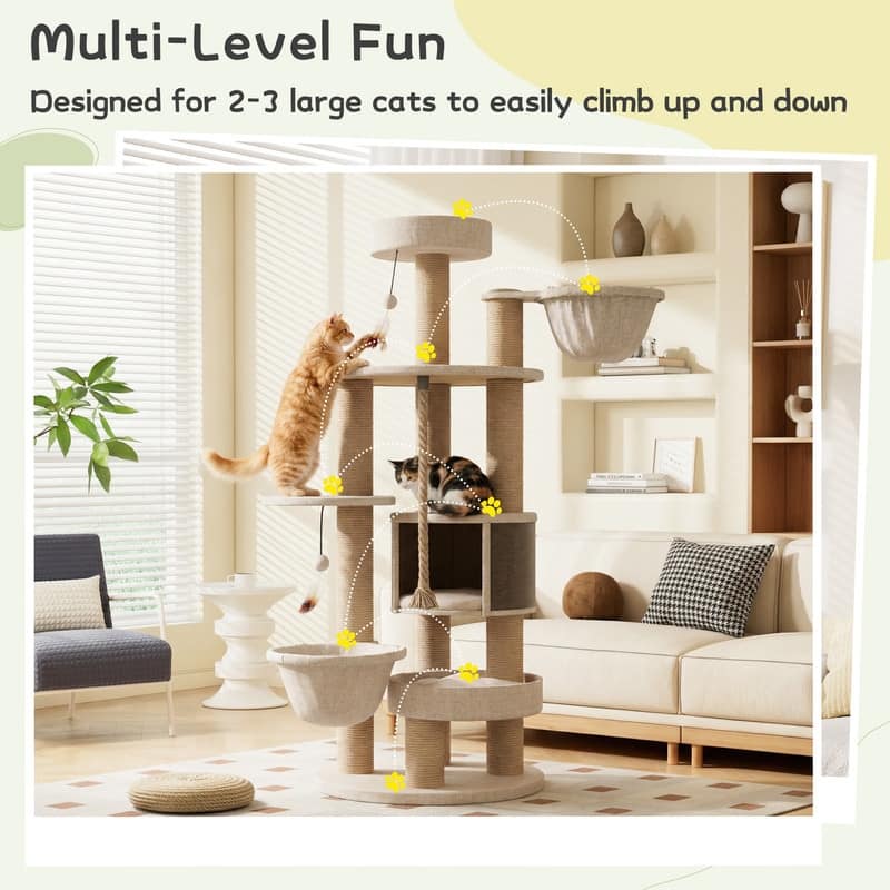 64"H Cat Tree Tower with Scratching Posts and Toys, Multi-Function Cat House for Indoor Cats - 64"