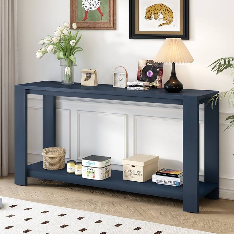 Distinctive Features of a Minimalist Console Table with Bottom Shelf and Four Legs - Navy Blue