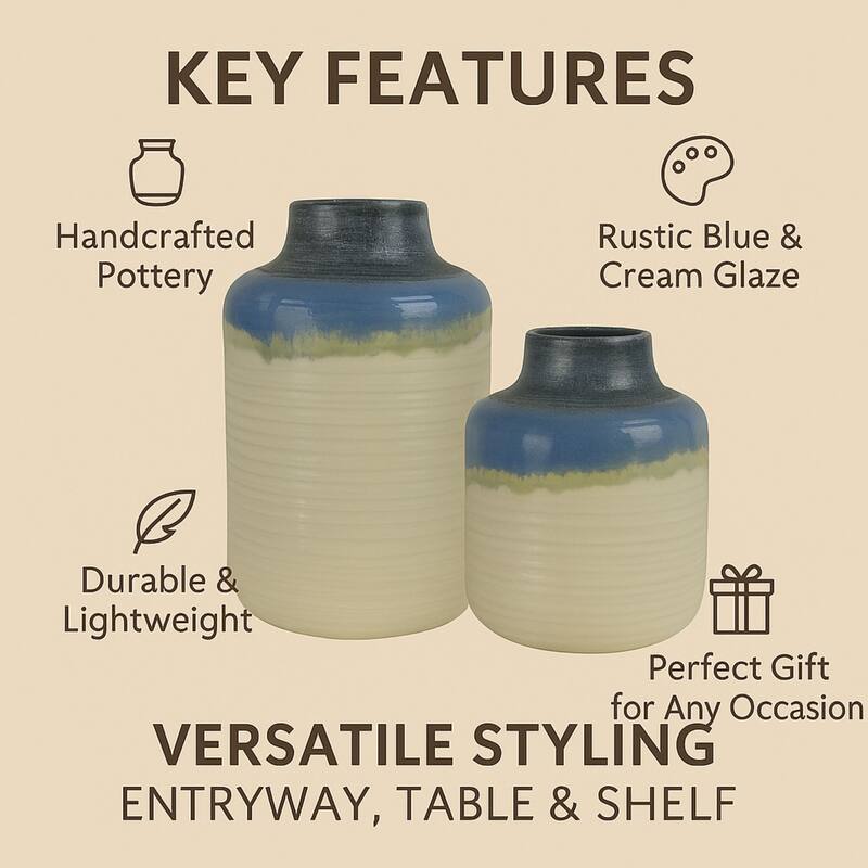 Aria Home Artisan Ombre Pottery Vase Set Natural Blue Green Décor