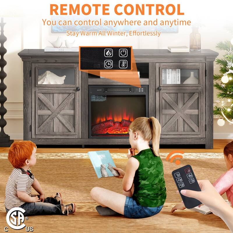 58-60" Fireplace TV Stand for 55-65" TVs w/ 18-23" Insert Farmhouse/Modern/Rustic Barn/Glass Doors Espresso/Grey/Brown/White Oak