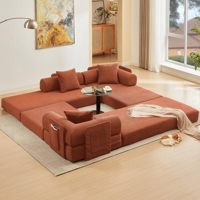107" Orange Corduroy Modular Sectional Sofa Bed, 7-in-1, No Assembly
