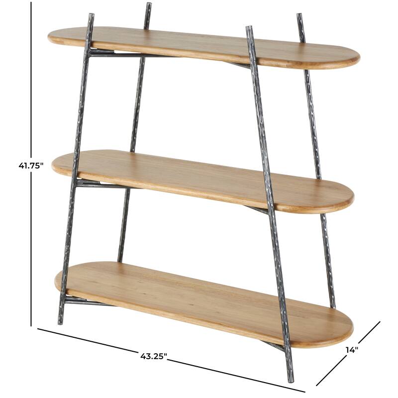 Brown Wood Oval Shaped Shelving Unit with Black Metal Frame
