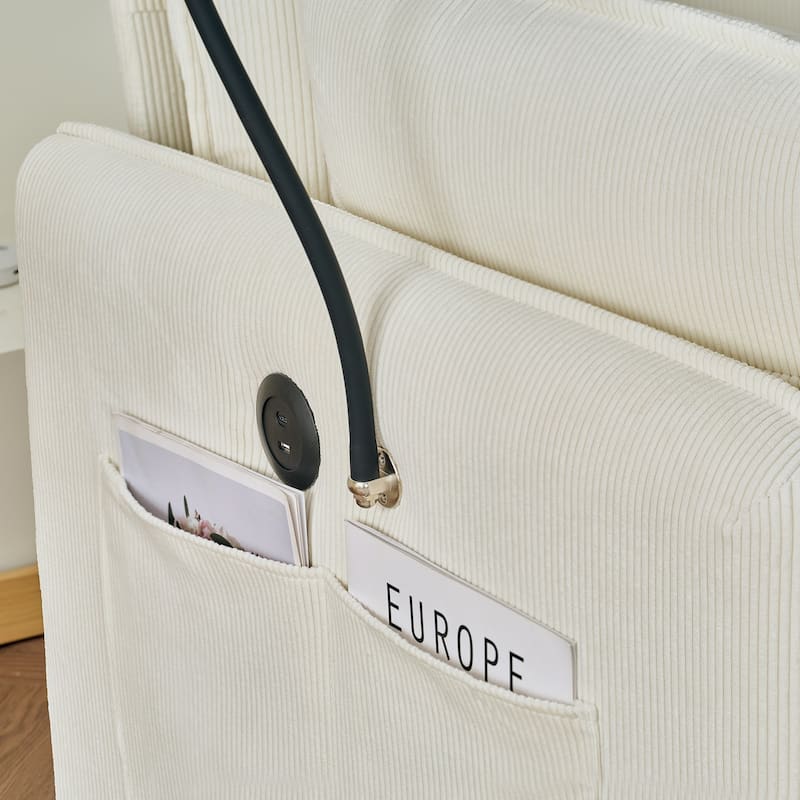 Corduroy Lounge Chaise with Ottoman, USB Charging and Hidden Storage