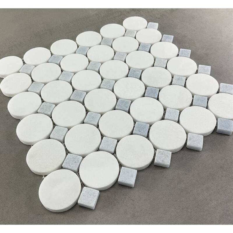 ES STONE - 1 3/4" Thassos White Marble Circle With Dot Mosaic Floor And Wall Tile - Case (10 Sheets)