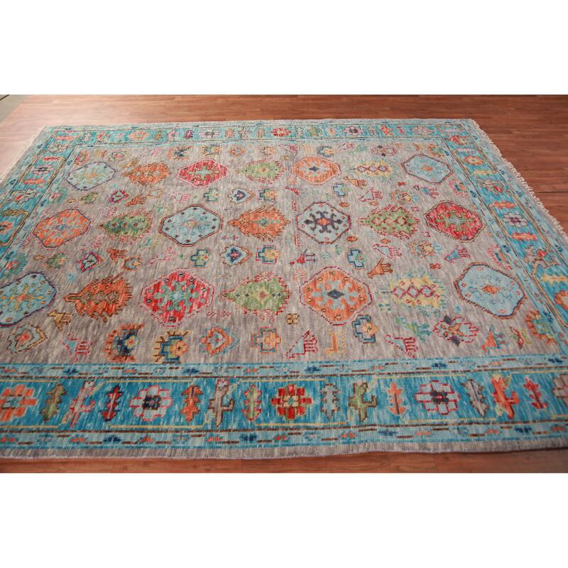 Geometric Oushak Oriental Area Rug Hand-Knotted Wool Carpet - 8'0" x 10'1"