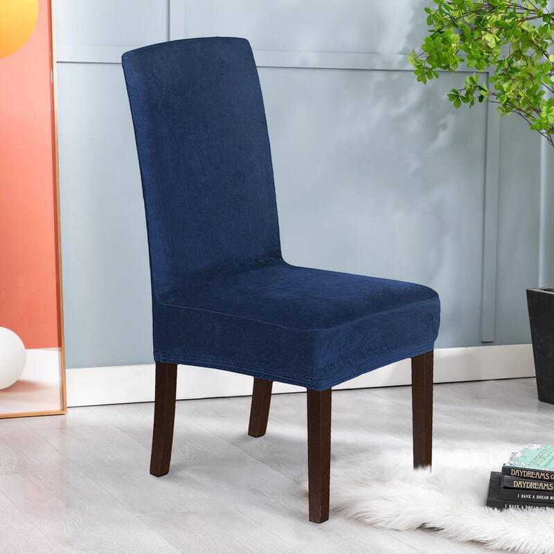 Enova Home Soft Thick Solid Velvet Fabric Chair Covers for Dining Room Seat Protector Washable Parsons Chair Cover Set of 2 - Dark Blue
