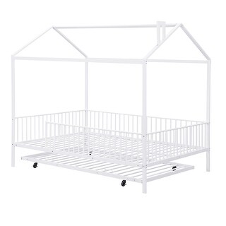 House-Shaped Design Full Size Metal Platform Bed with Fence and Trundle
