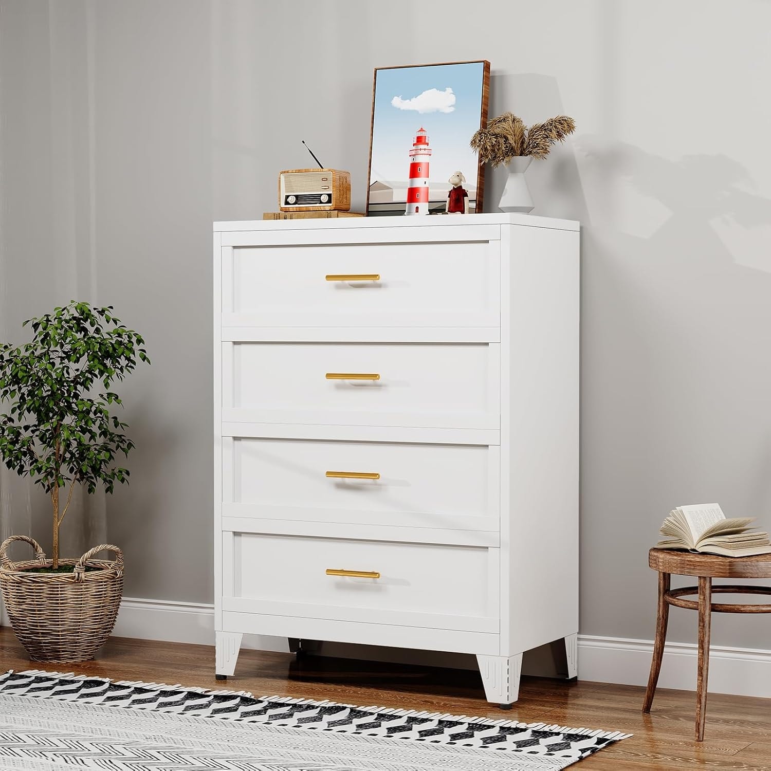43.11 Inch Tall White Metal Dresser with Gold Handles, 4-Drawer Storage Cabinet for Bedroom, Living Room, or Office