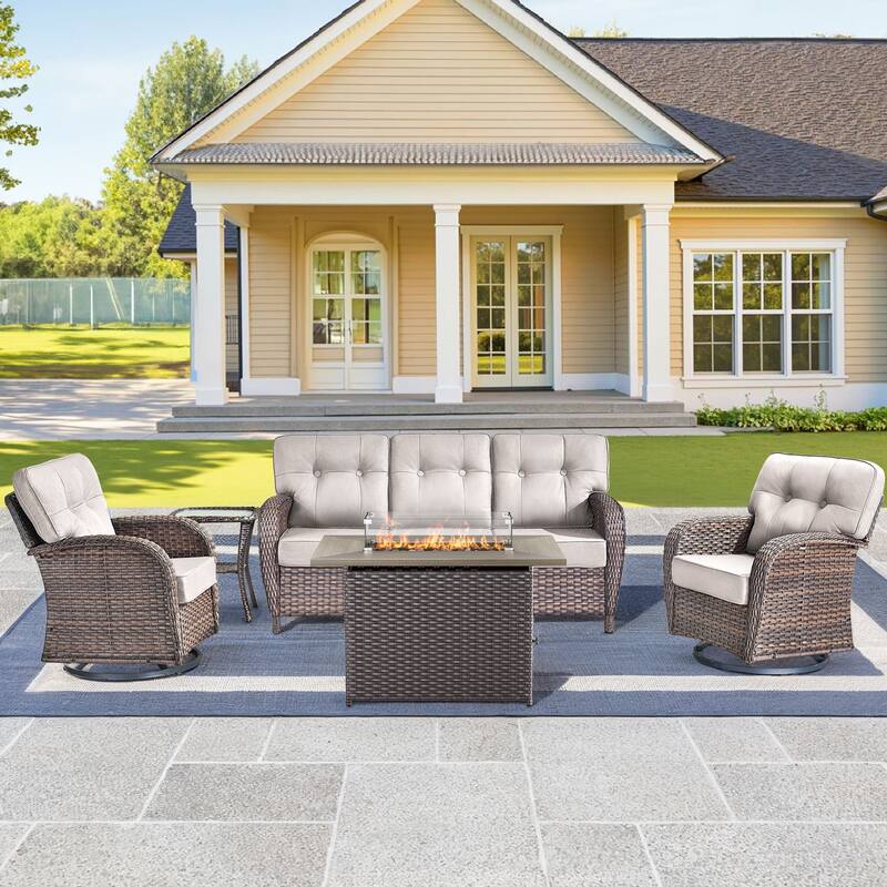 5 Pieces Outdoor Sofa Chair with 41" Fire Table - Brown Wicker & Beige Cushion