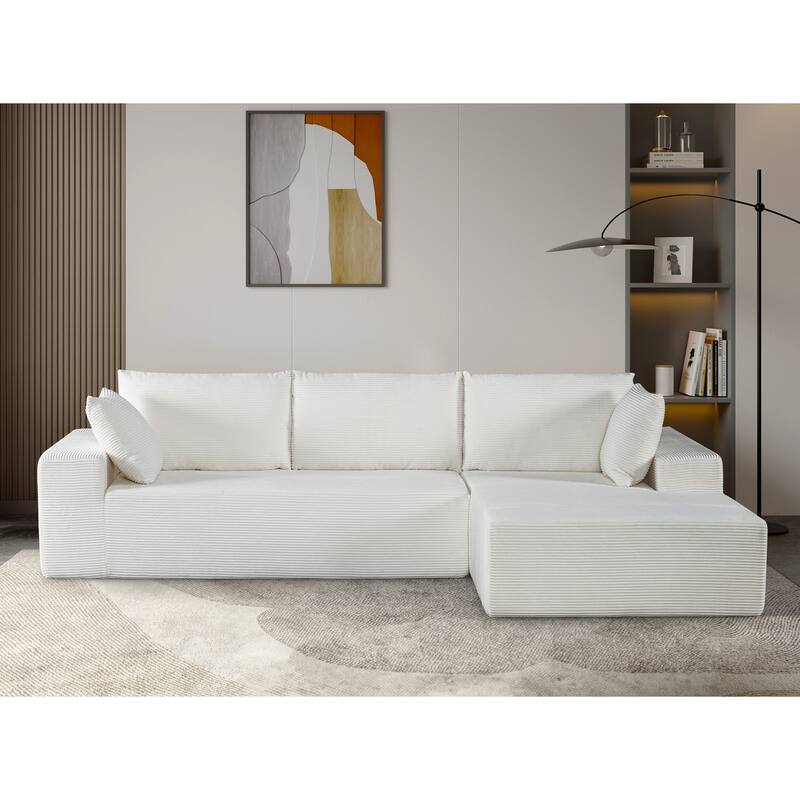 Modular Sleeper Sofa with Wide Armrest Corduroy L Shaped Sectional Couches for Living Room, No Assembly - Ivory - Right Facing