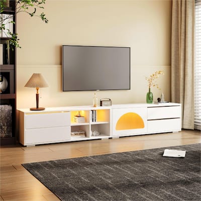 Modern TV Stand with Fluted Glass Door for TVs Up to 100", Media Console with Sliding Door & 2 Drawers