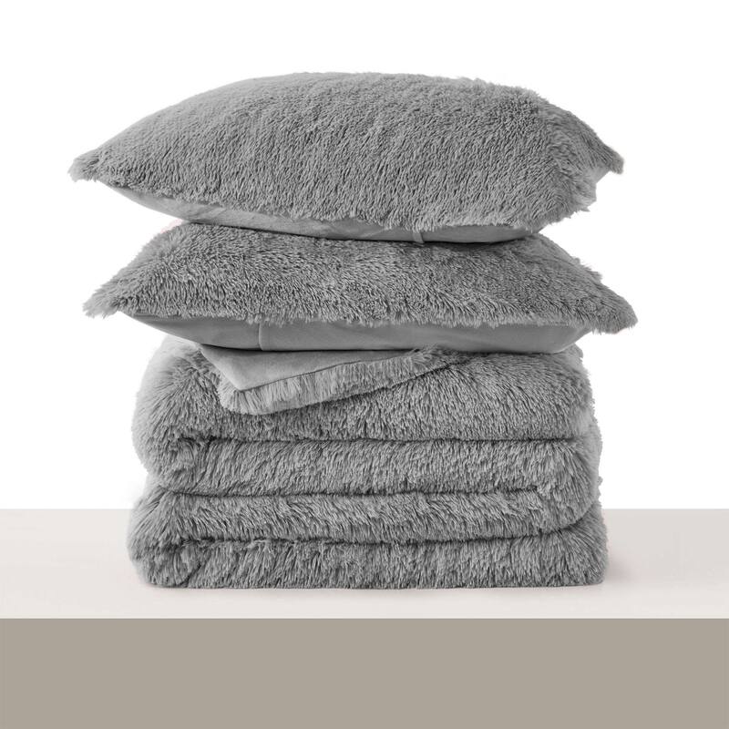 Fluffy Shaggy Reversible Faux Fur Comforter Set, Fuzzy Plush Bedding Set