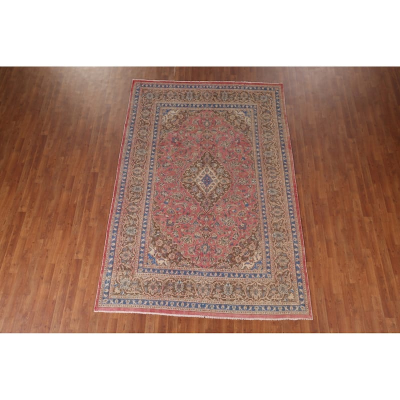 Distressed Pink Mashad Persian Vintage Rug Handmade Wool Carpet - 6'5"x 9'5"