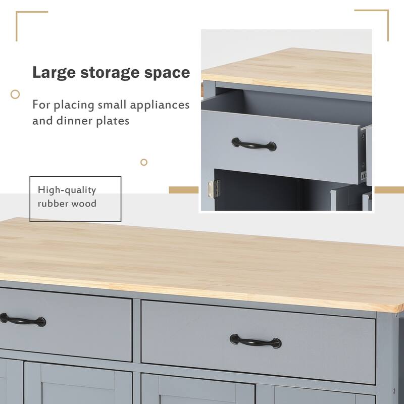 Kitchen Island Cart on Wheels with Solid Wood Top, Moveable Island Table with Adjustable Shelves, 4-Door Cabinet & 2 Drawers