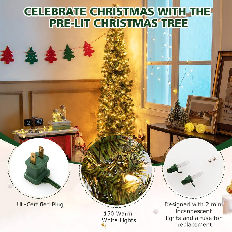 Costway 7ft Pre-lit PVC Artificial & Pine Needles Half Christmas Tree