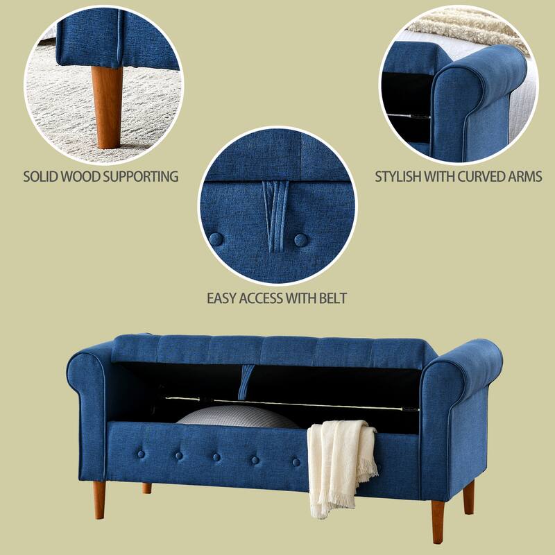 Bedroom Tufted Button Storage Bench, Linen Upholstered Ottoman, Window Bench, Rolled Arm Design for Bedroom, Living Room