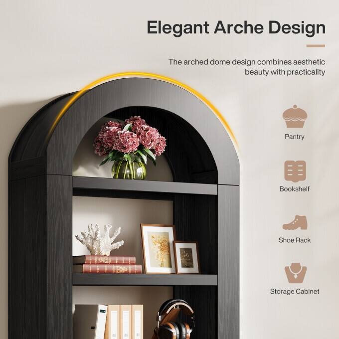 70.9'' Tall Brown Arched Bookshelf with Storage
