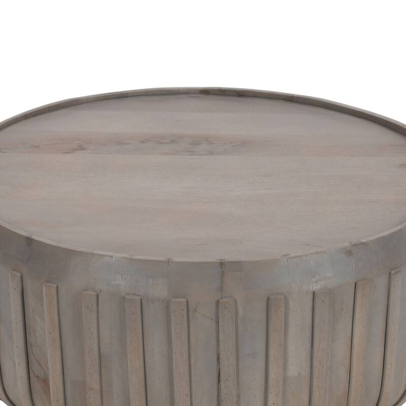Alisha 36 Inch Coffee Table, Handcrafted Drum Shape with Ribbed Edges, Gray Mango Wood