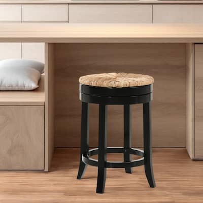 HomeRoots 24" Natural and Black Rush and Solid Wood Backless Counter Height Swivel Bar Chair