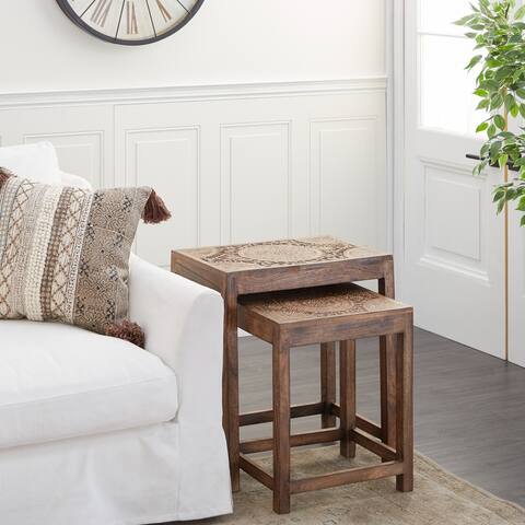 Wood Rustic Eclectic Boho Nesting Accent Square End Tables Set of 2 - 22 x 14 x 24
