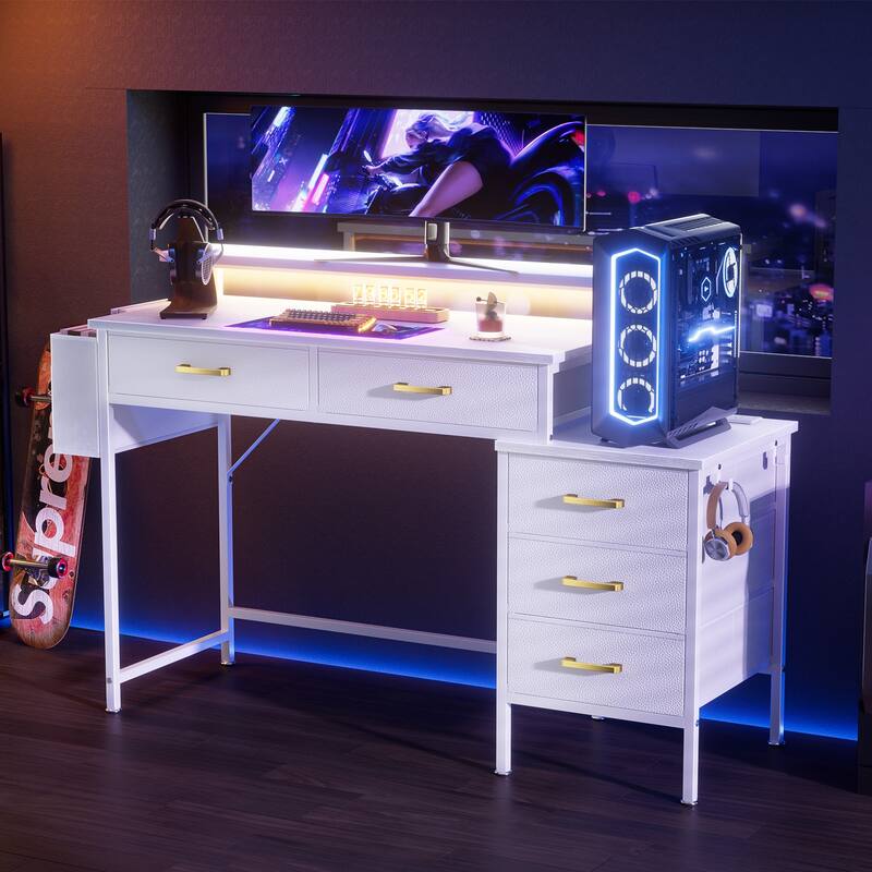 Multi - Use White Desk: 5 Drawers, Monitor Hutch, Outlets, LED Lighting – Fits Home Office, Study & Hobby Areas