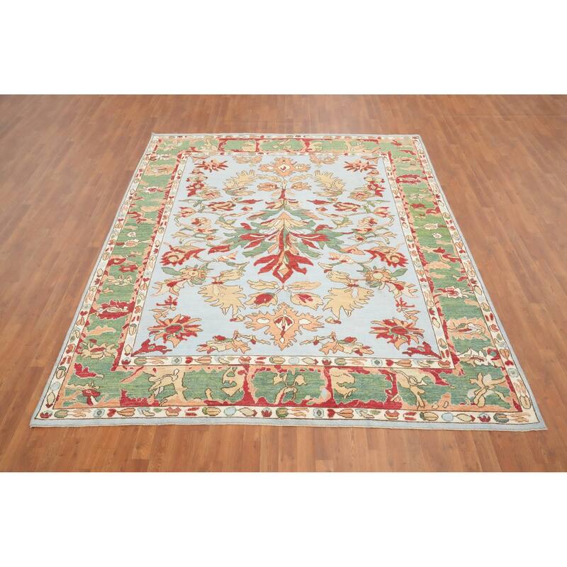 Hand Knotted Oriental 100% Wool Carpet Transitional Floral Navy Blue & Blues Oushak Area Rug - 9' 8'' X 8' 2''